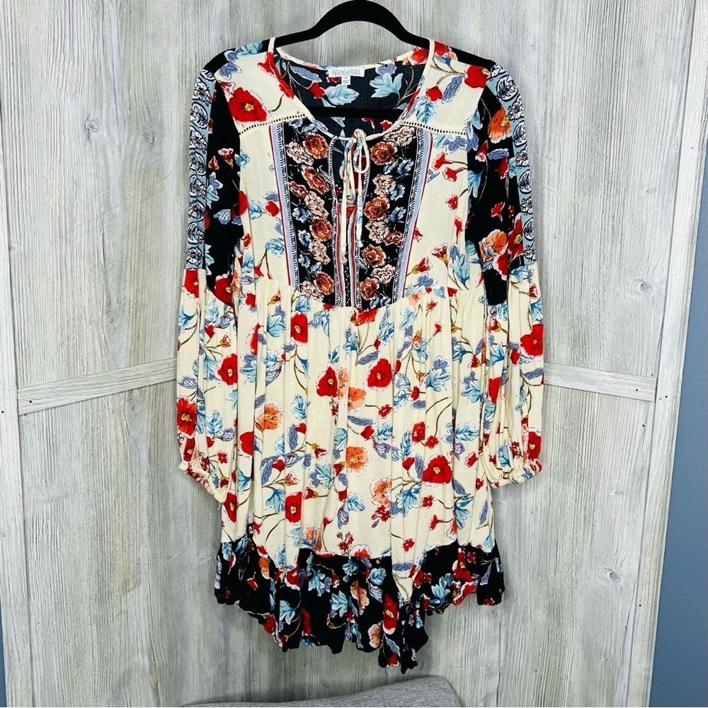 Patrons of Peace Floral Boho Dress - Red, Blue, Cream
